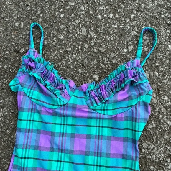 Vintage Sirena Ruffled Plaid Multicolor One Piece High Cut Swimsuit Size 0 - Picture 2 of 6